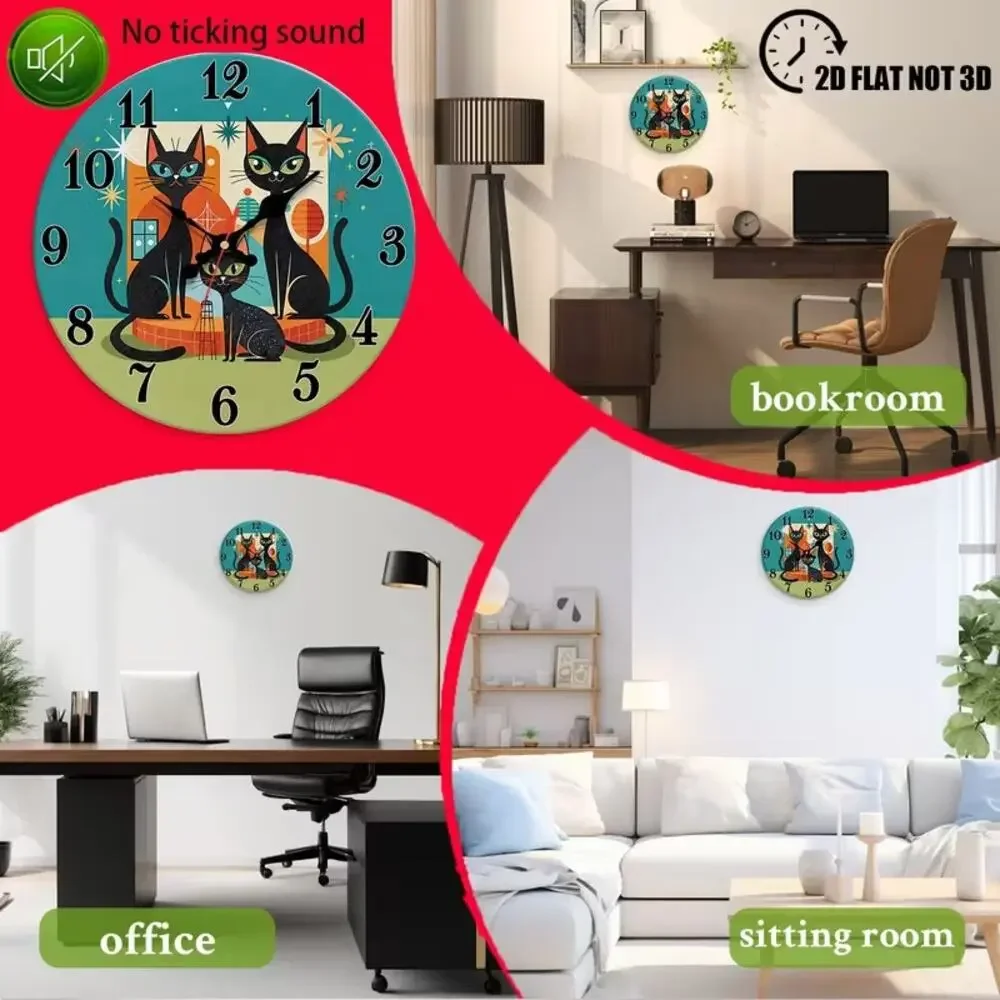 Retro Mid Century Modern Black Cats Printed Wall Clock Teal Graphic Quartz New